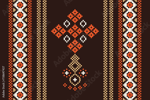 Ethnic geometric fabric pattern Cross Stitch.Ikat embroidery Ethnic oriental Pixel pattern brown background. Abstract,vector,illustration. Texture,clothing,scarf,decoration,motifs,silk wallpaper.