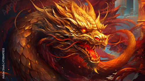  Majestic Golden Chinese Dragon. Celebrating Imlek Chinese New Year. Chinese New Year Fantasy Dragon Background.