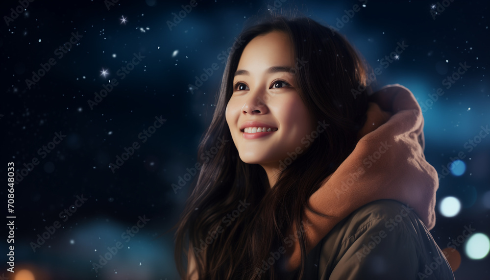 A beautiful Asian girl admiring the night sky in the falling snow A beautiful Asian girl admiring the night sky in the falling snow