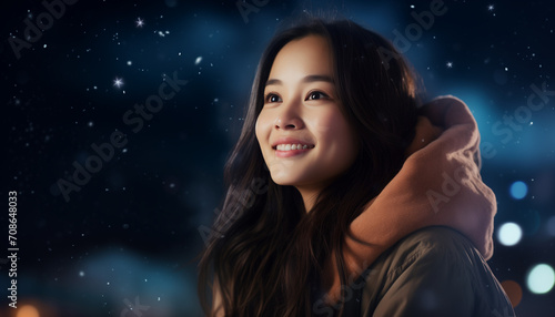 A beautiful Asian girl admiring the night sky in the falling snow