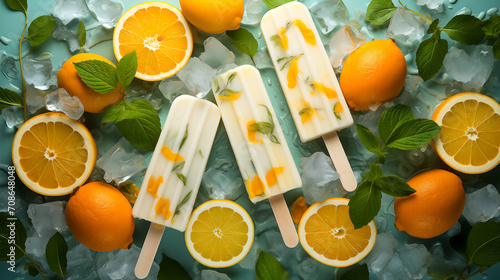 Orange ice cream on a stick on a light marbled background. Orange slices and orange leaves fruit decoration. Advertising for an ice cream parlor.