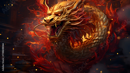  Majestic Golden Chinese Dragon. Celebrating Imlek Chinese New Year. Chinese New Year Fantasy Dragon Background.