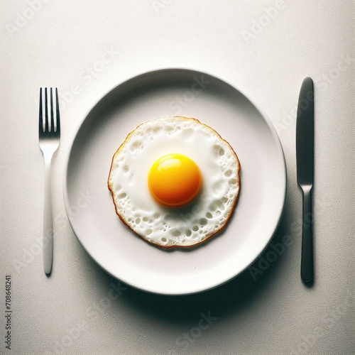A perfect fried egg on a snow-white plate. Cutlery on the sides. Perfectionism.