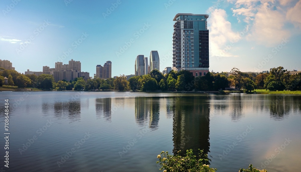 city ​​view with lake suitable as background or cover