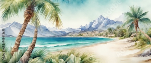 The blue ocean and palm trees on the shore. Green mountains on the background. Watercolor drawing.