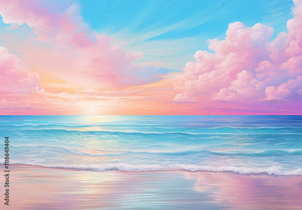 Obraz premium Splashing blue water ocean waves reach sandy beach. Nature background. Modern screen design. Illustration for cover, card, postcard, banner, poster, brochure or presentation.