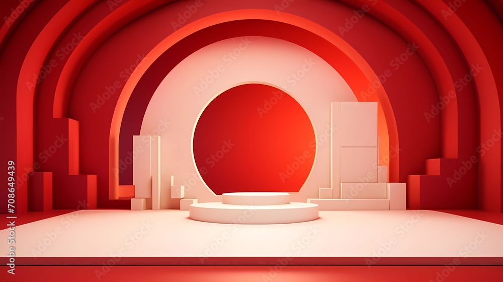 Abstract 3D red room with white cylinder base or podium standing in fireplace shaped window, valentine's day concept. generative ai Abstract 3D red room with white cylinder base or podium standing in fireplace shaped window, valentine's day concept. generative ai