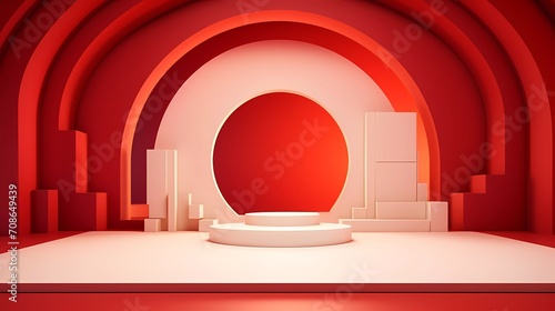 Abstract 3D red room with white cylinder base or podium standing in fireplace shaped window, valentine's day concept. generative ai photo