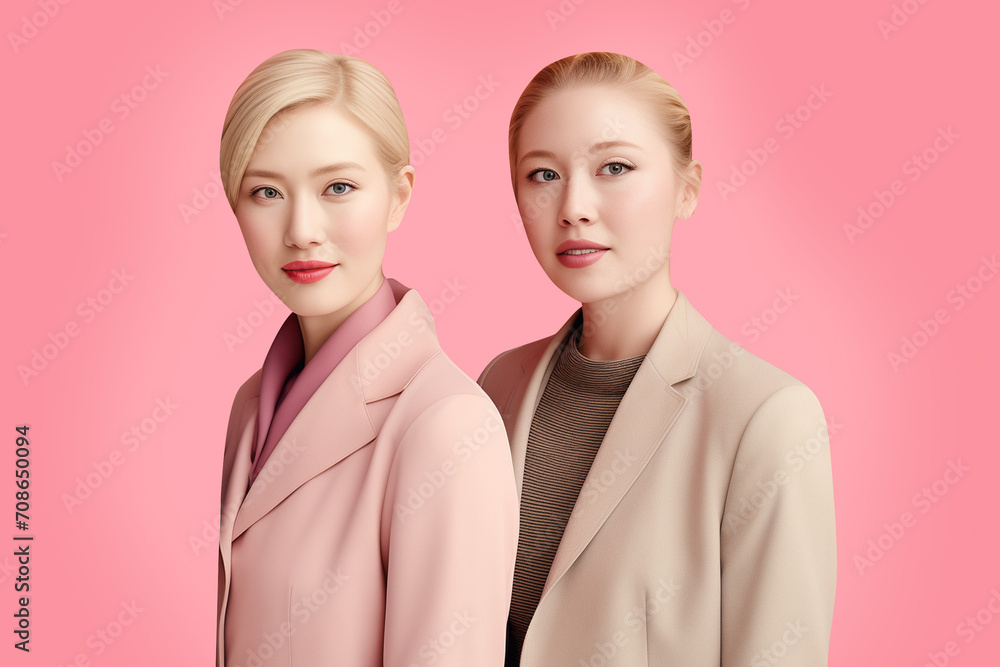 Portrait of two stylish modern Caucasian young women with serious facial expression wearing professional fashionable outfit isolated in copy space minimal background, confident businesswoman concept Portrait of two stylish modern Caucasian young women with serious facial expression wearing professional fashionable outfit isolated in copy space minimal background, confident businesswoman concept