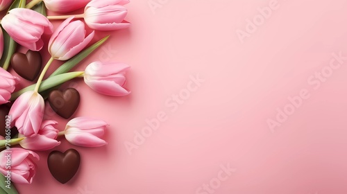 Valentine's Day background with chocolates, hearts and pink tulips. generative ai © KBL Sungkid