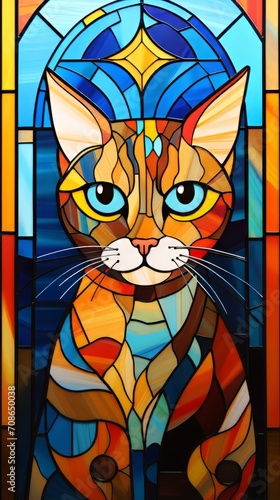 Stained glass art depicting a beautiful cat.