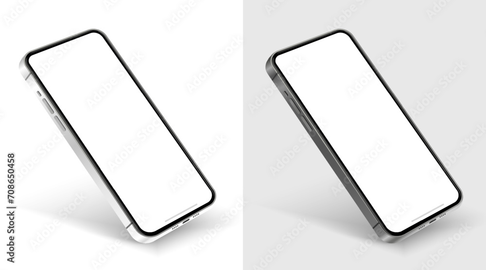 Realistic smartphone mockup. Mobile phone vector with isolated on white background. Device front view. 3D mobile phone with shadow. Realistic, high quality smart phone mockup for ui ux presentation. - obrazy, fototapety, plakaty 