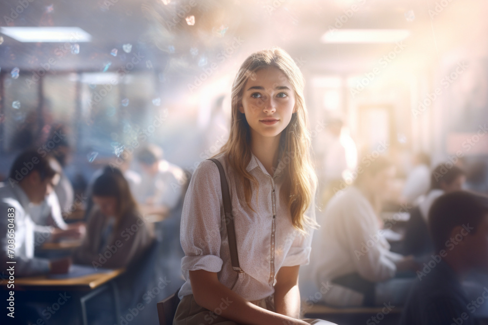 Generative AI creates a compelling image featuring a young school teacher in a classroom. Seated students and motion during the break provide a dynamic backdrop with a subtly blurred background.