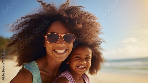 Beachside bliss: Smiling black mother and her beautiful daughter wearing sunglasses, having a blast on the beach.