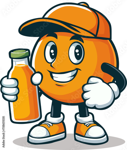 Vector orange mascot holding orange juice bottle