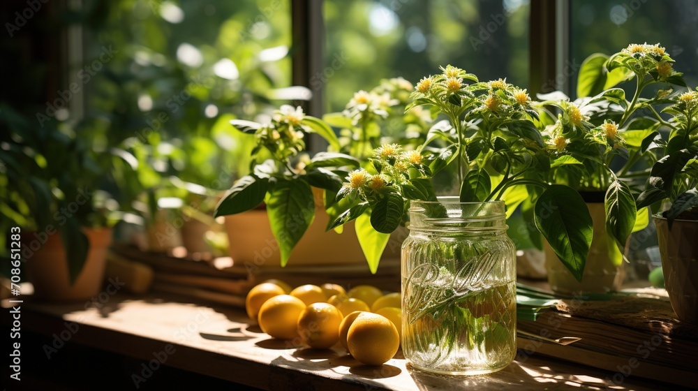 Still life with lemons and flowers by the window - obrazy, fototapety, plakaty 
