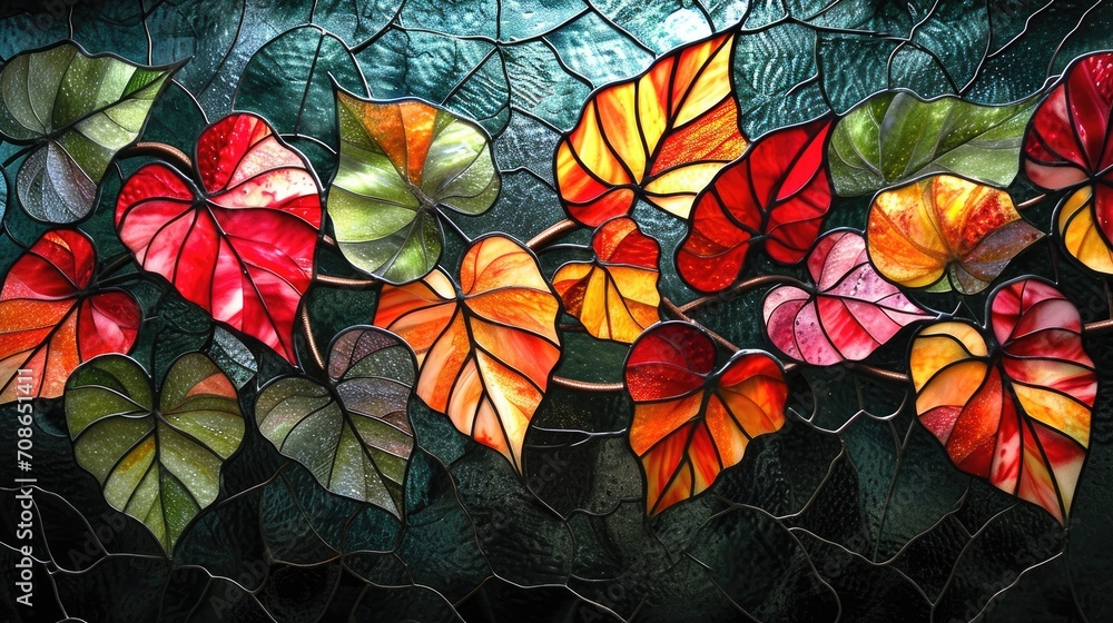 Stained glass window background with colorful Flower and Leaf abstract.	