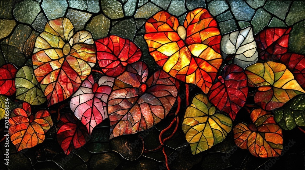 Stained glass window background with colorful Flower and Leaf abstract.	