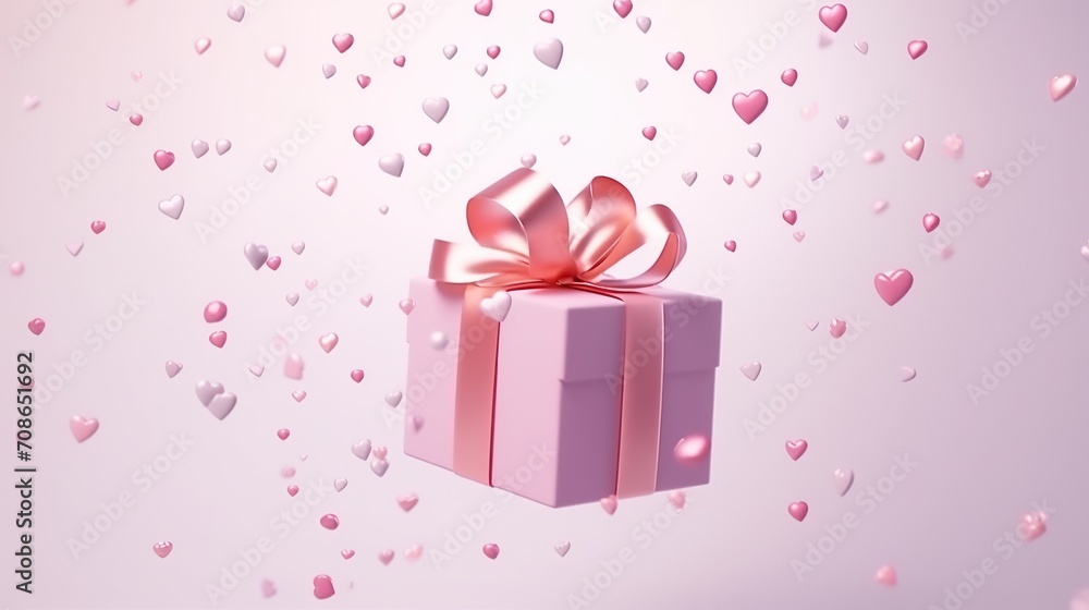Pink ribbon Valentine's day gift box and paper love spread on pink background.Minimal background suitable for Women's Day and Valentine's Day.