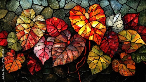 Stained glass window background with colorful Flower and Leaf abstract. 