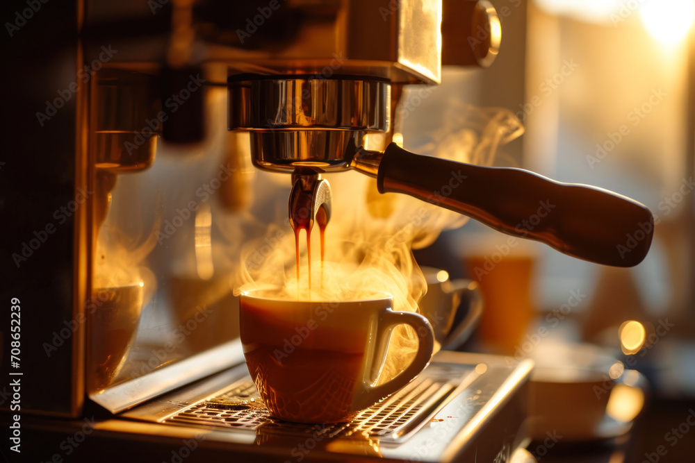 Espresso Machine Pouring Fresh Coffee in Morning.