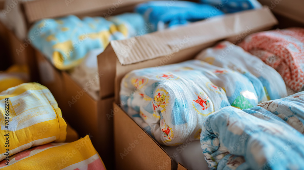 Open cardboard boxes of colorful baby clothes. Open cardboard boxes of colorful baby clothes.