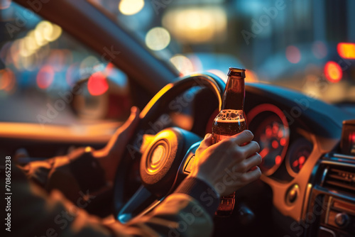 Dangerous Driving with Alcohol Bottle in Hand. photo