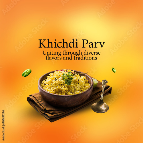 Festive poster for Khichdi Parv, featuring a bowl of khichdi and celebratory elements on an orange background.
