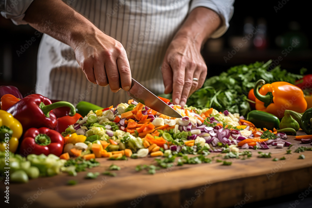 Chef Chopping Fresh Vegetables on Wooden Board. Chef Chopping Fresh Vegetables on Wooden Board.