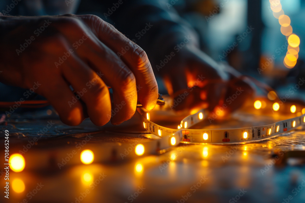 Hands Installing LED Light Strip on Surface. Hands Installing LED Light Strip on Surface.