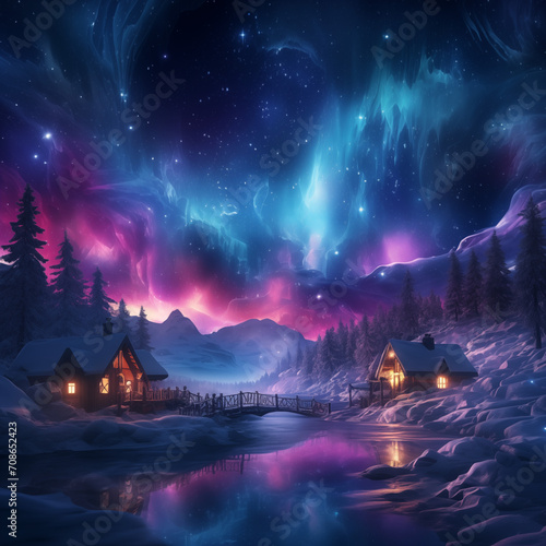 Winter landscape in an arctic area with turquoise and purple norther lights and stars at the night sky photo