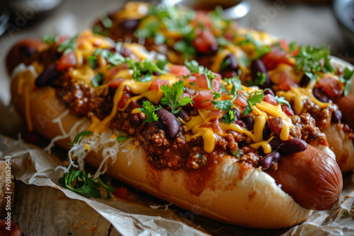 Gourmet Loaded Chili Cheese Hot Dogs Ready to Serve.