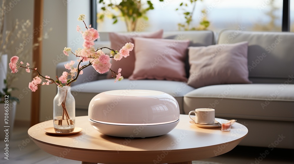 living room with pink flowers, coffee cup, and saucer on a wooden table