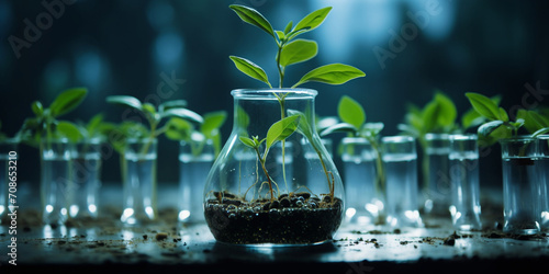 Green fresh plant in glass test tube in laboratory. Neural network, Generative AI illustration of Science and biotechnology concept. Growing of plant in laboratory