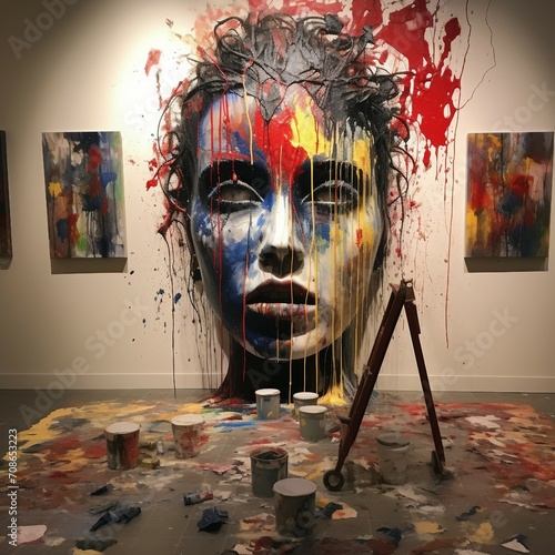 a painting of a woman's face with paint splatters all over it