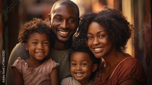 Family embrace  An African American man smiles while hugging his wife and daughter