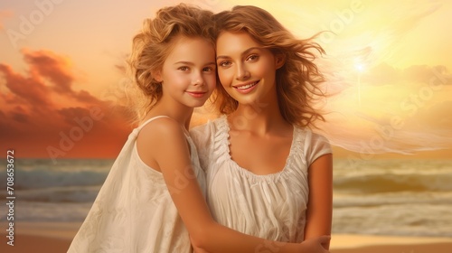 Summer sunset bonding: A mother and her daughter in white summer clothing stand on a beautiful beach, enjoying the warm colors of the sunset. © pvl0707