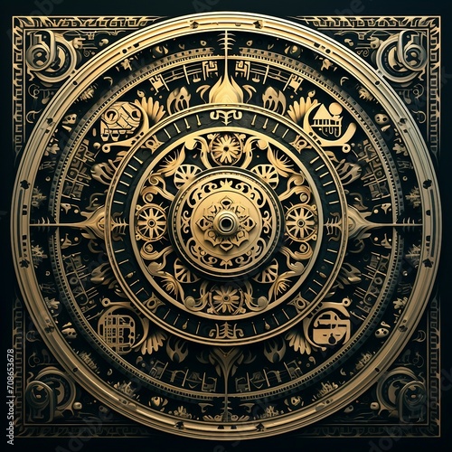 a gold and black clock with a black background