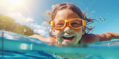 Pretty little girl in swimming pool summer vacations. happy child swimming underwater Overjoyed Child's Swimming Adventure.