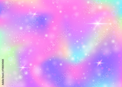 Fairy background with rainbow mesh. Kawaii universe banner in princess colors. Fantasy gradient backdrop with hologram. Holographic fairy background with magic sparkles, stars and blurs.