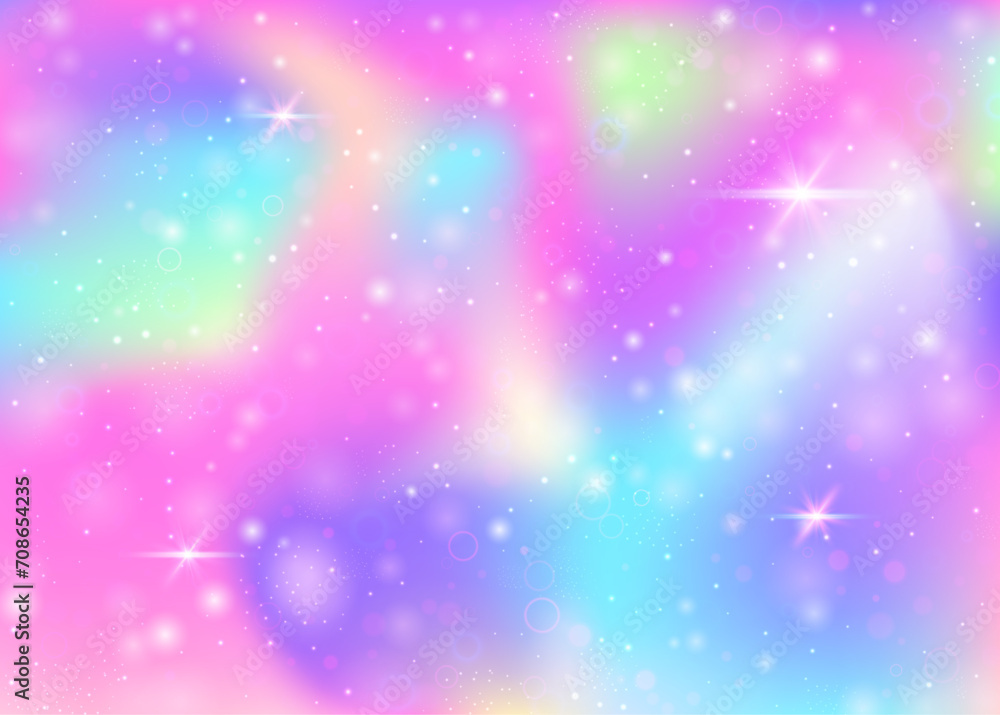 Fairy background with rainbow mesh.  Multicolor universe banner in princess colors. Fantasy gradient backdrop with hologram. Holographic fairy background with magic sparkles, stars and blurs.