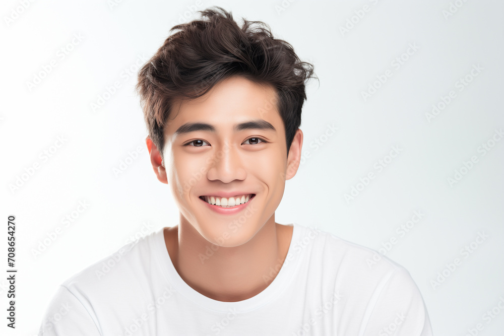 A photo portrait of a beautiful asian man over 18 years old, smiling with clean teeth A photo portrait of a beautiful asian man over 18 years old, smiling with clean teeth