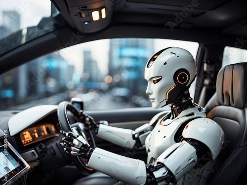 AI android robot driving a car. The impact of artificial intelligence and robotics on unemployment. Human job replacement concept