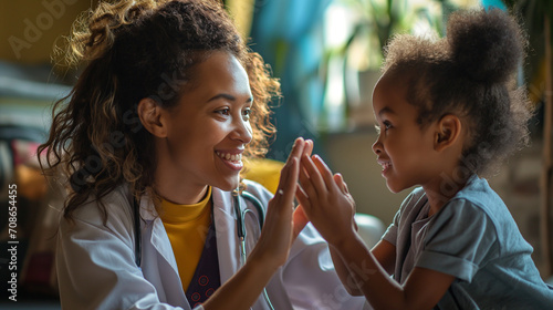 Little kid giving hive five to a doctor in the clinic. Children heath care.