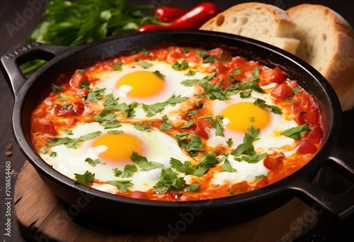 Delicious pan with tomato sauce and eggs