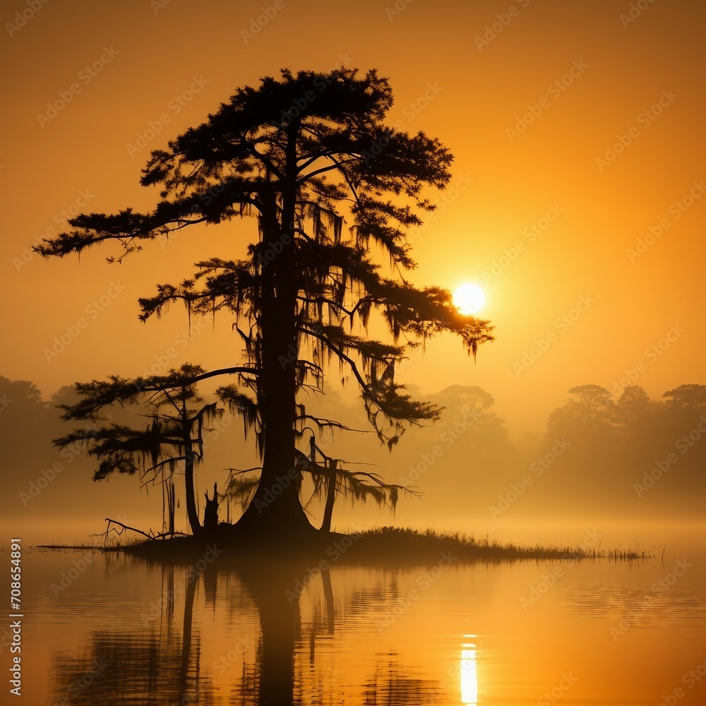 the sun is setting over a lake with a tree in the foreground