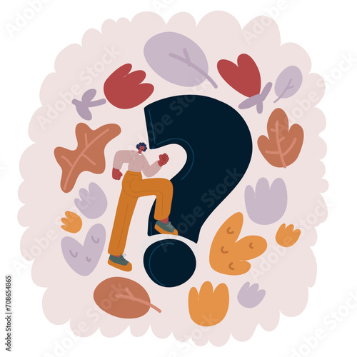 Person's feet in suede shoes is standing at tile pavement crossroad with white question mark print pointing. Make decision which way to go and what to do. Top view. Minimalist image