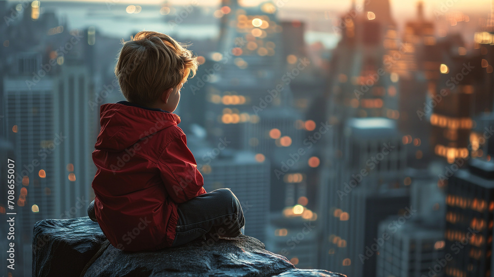 Little kid watching into the bright future of the modern city. Hope and progress. Better world. Little kid watching into the bright future of the modern city. Hope and progress. Better world.