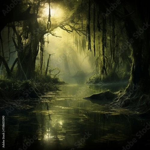 a river running through a lush green forest © Thuan