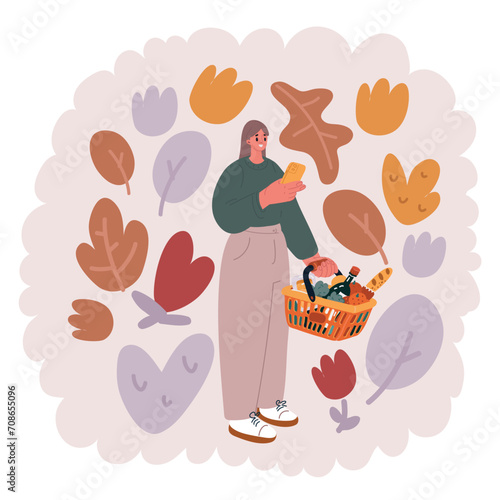 Full body young woman wear casual clothes hold red basket with food products point index finger aside on area isolated on plain blue background studio portrait Delivery service from shop or restaurant